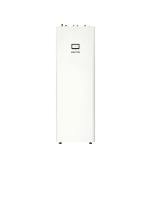 Vertikale Wärmepumpe in Weiß von Stiebel Eltron mit Display und Anschlüssen an der Oberseite. Minimalistisches Design ohne weitere Dekoration.